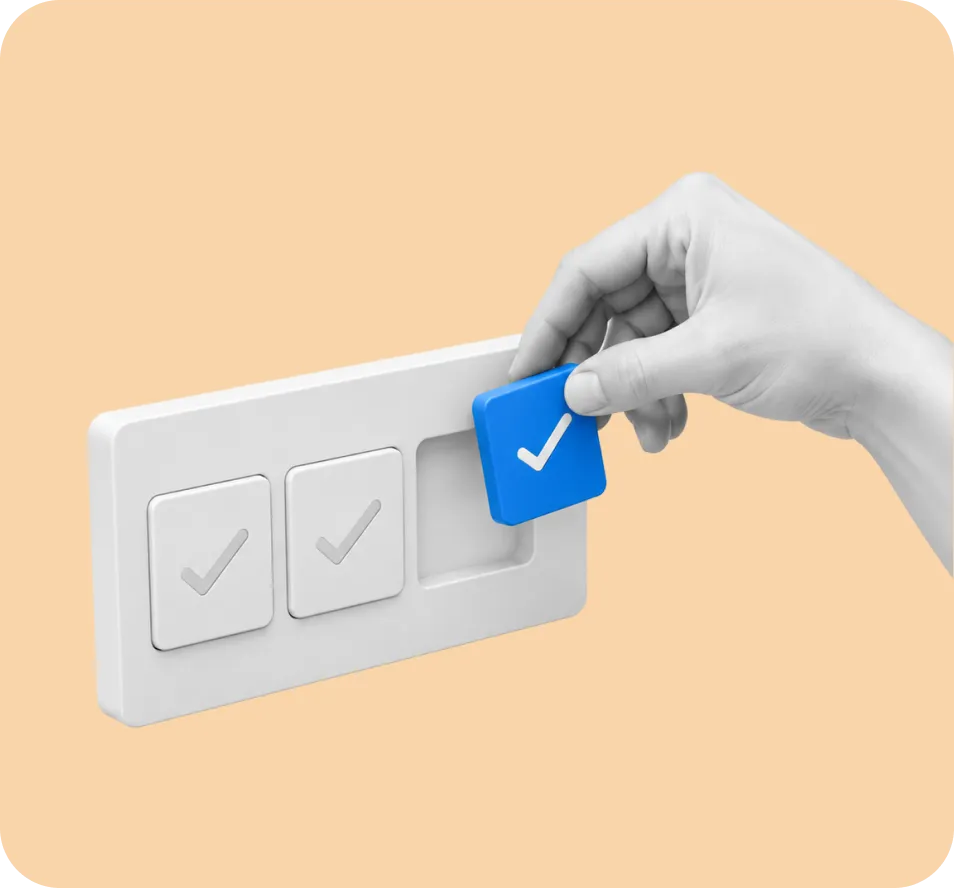 A hand flipping the third of three switches, the active one marked with a blue tick