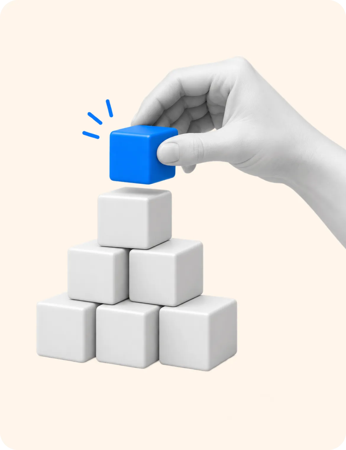 A hand placing a blue block on top of a stack of white blocks