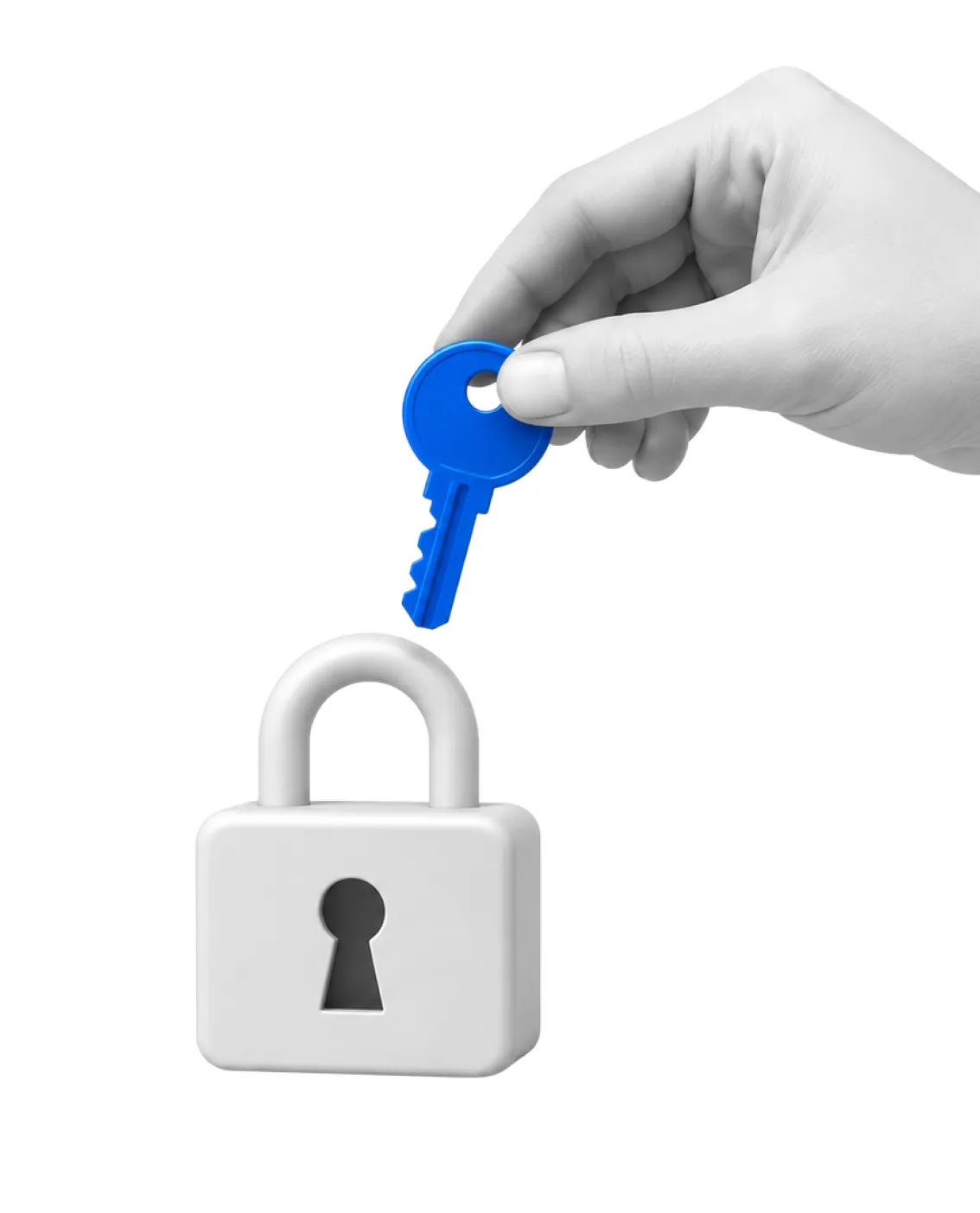 A hand holding a blue key above a padlock