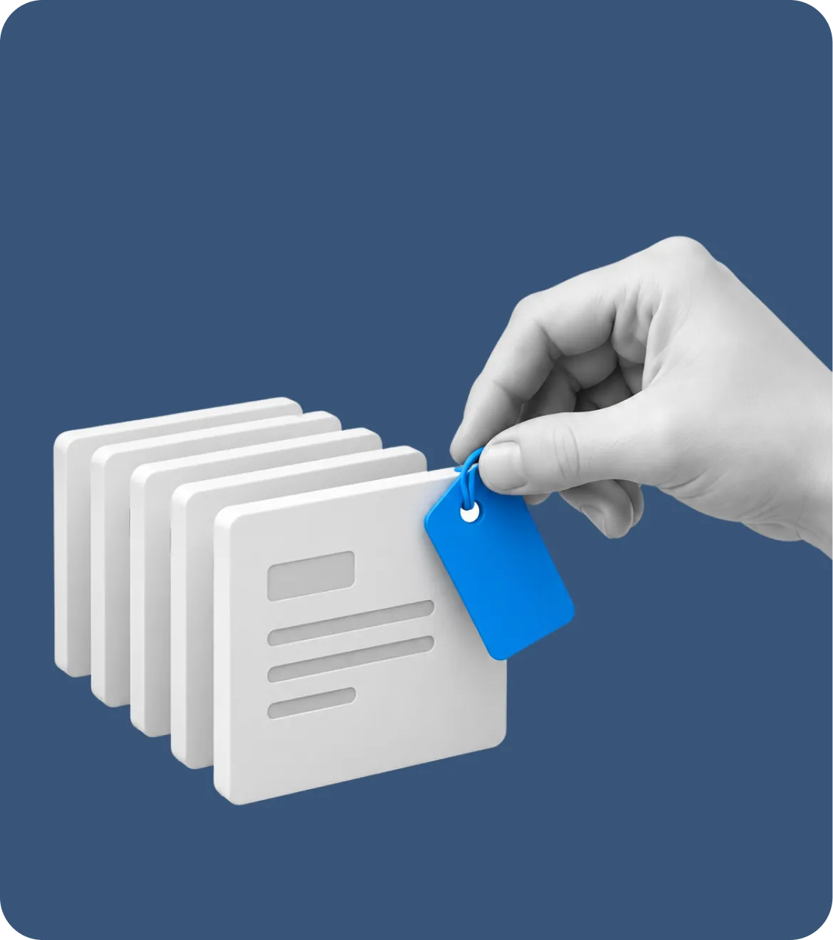 A hand pulling a blue tag out of a row of filed documents