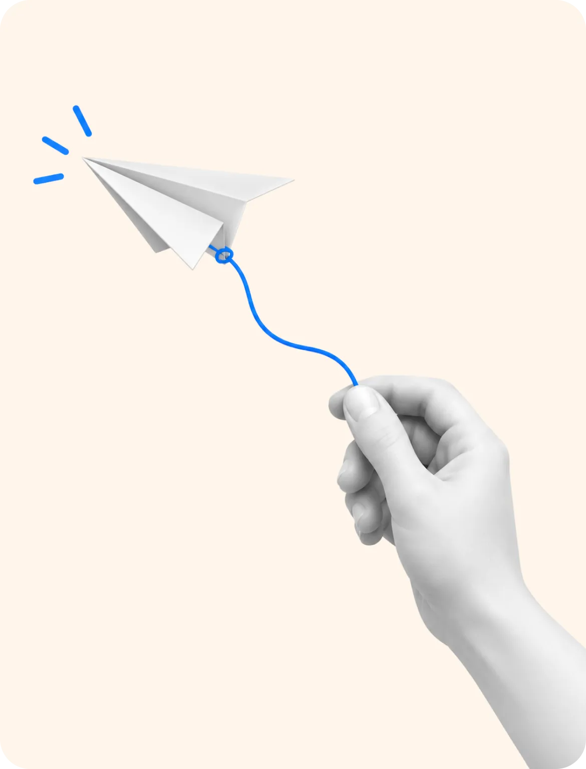 A hand holding a paper plane attached to a blue thread
