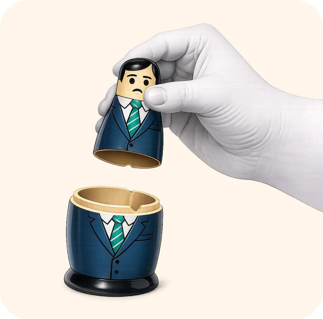 A hand lifting the top half of a nesting doll