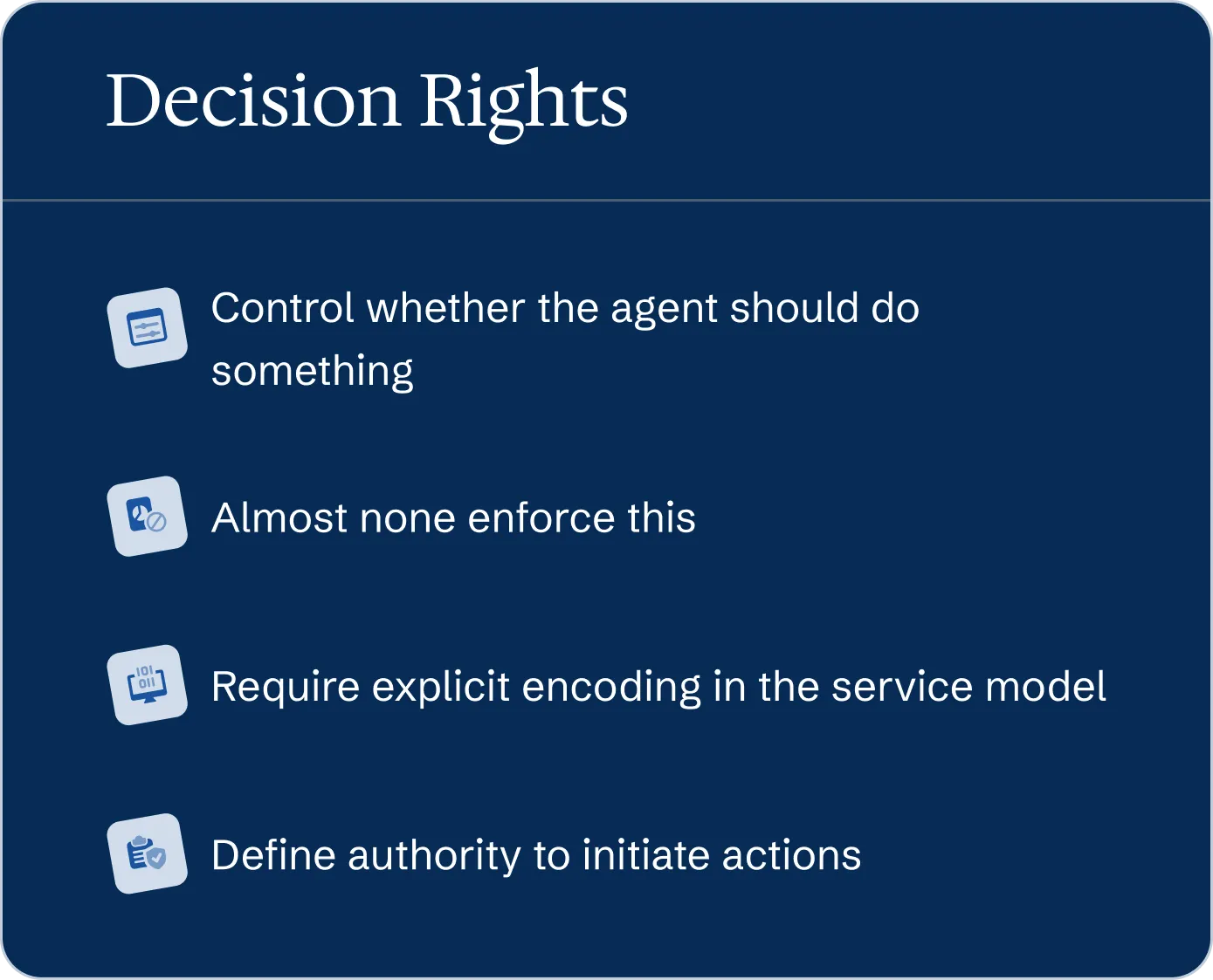 Decision rights: control whether the agent should do something; almost none enforce this; require explicit encoding in the service model; define authority to initiate actions.