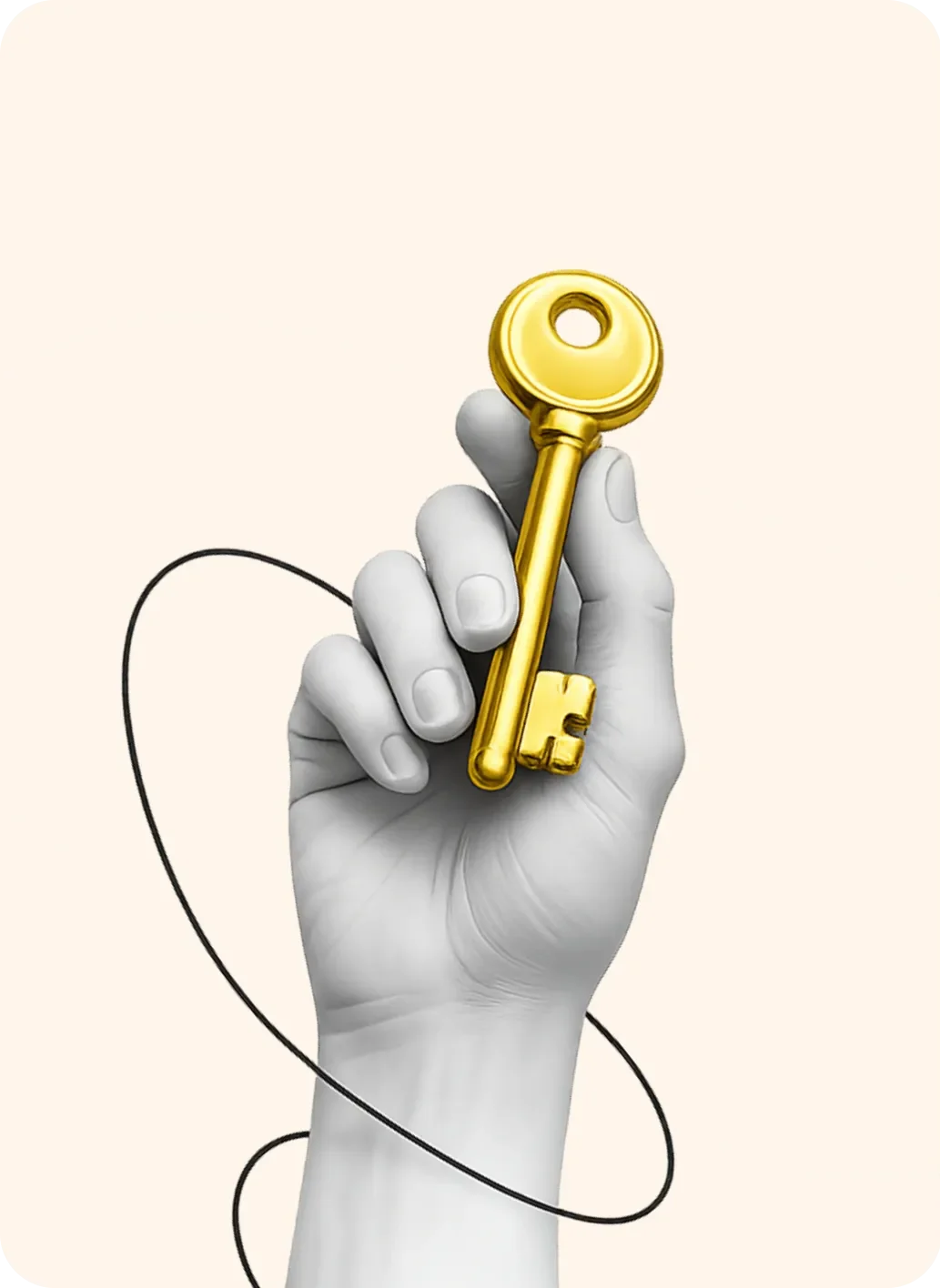 A hand holding up a golden key