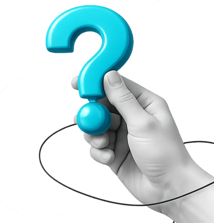 A hand holding up a large blue question mark