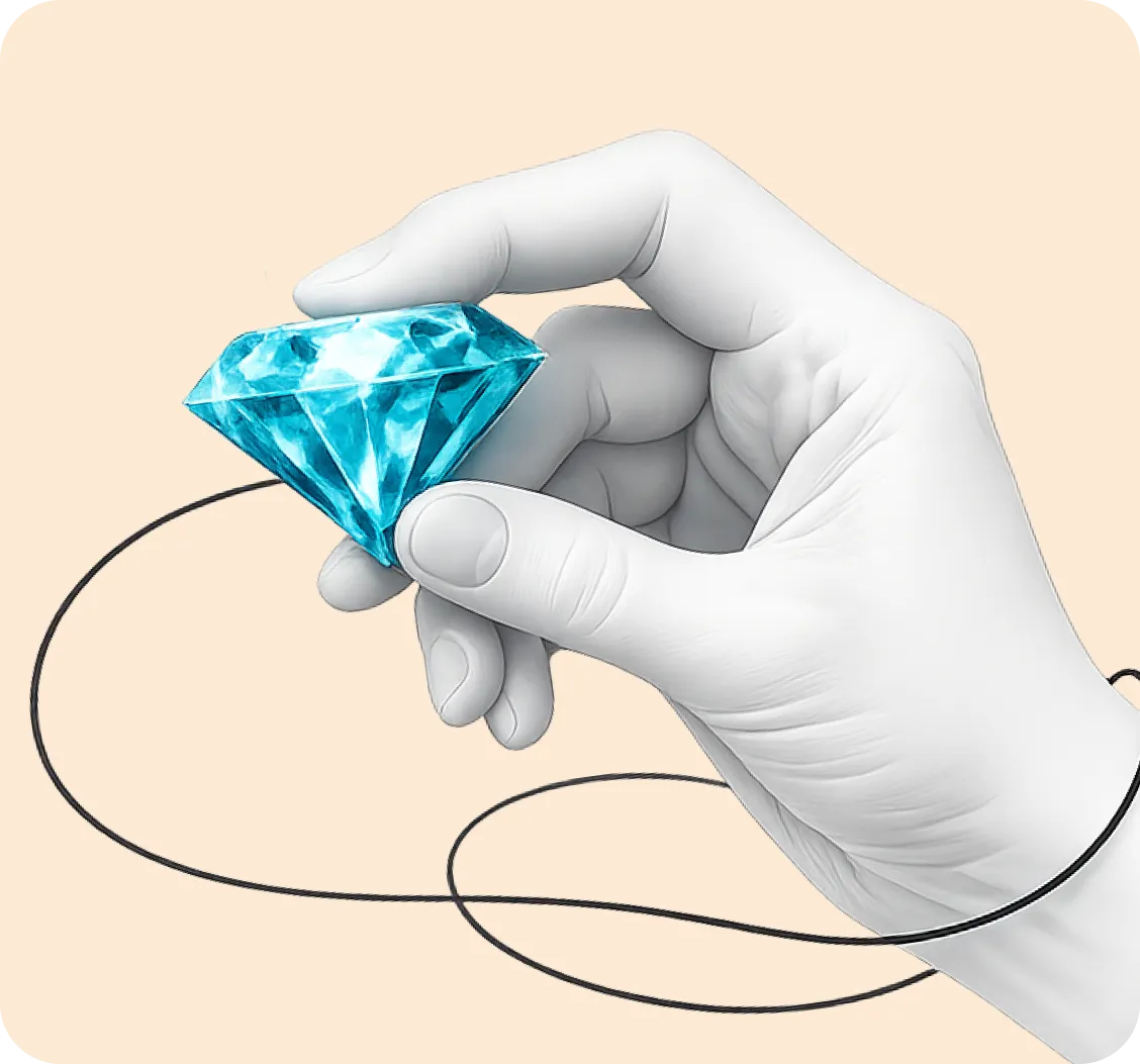 A hand holding a cut blue gemstone