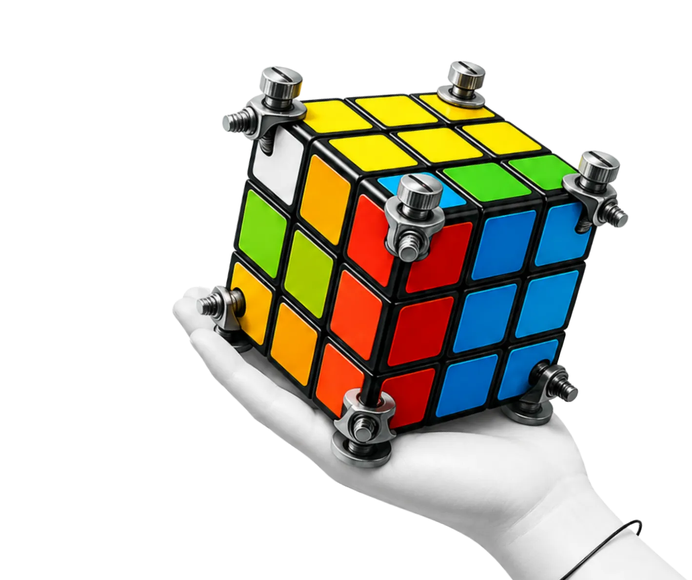 A hand holding a Rubik’s cube held together with clamps