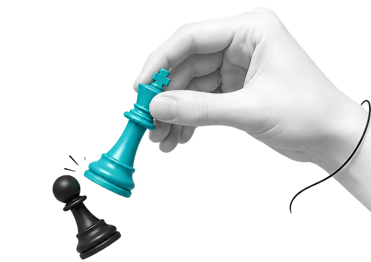 A hand toppling a teal chess piece against a black pawn