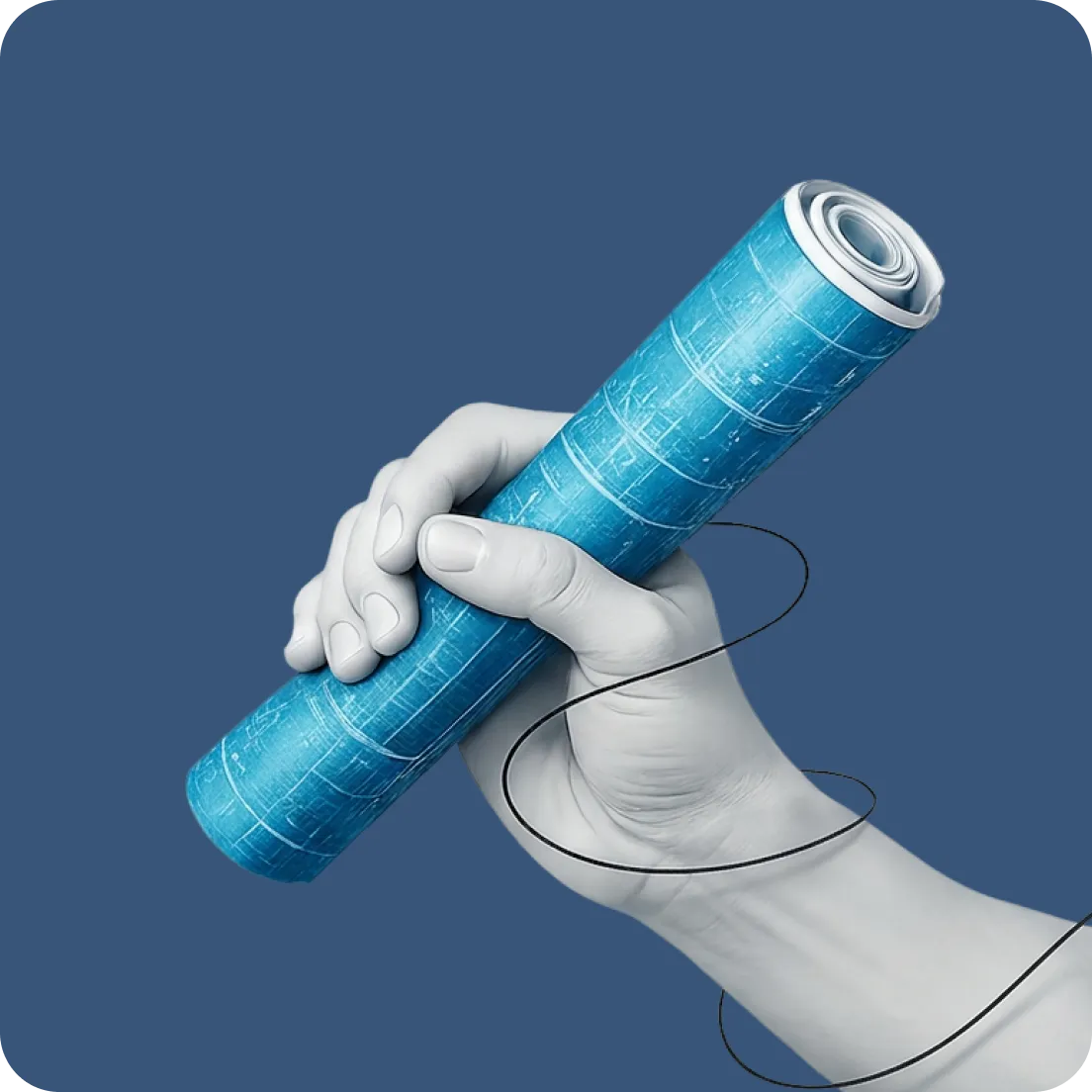 A hand holding a rolled-up blue blueprint