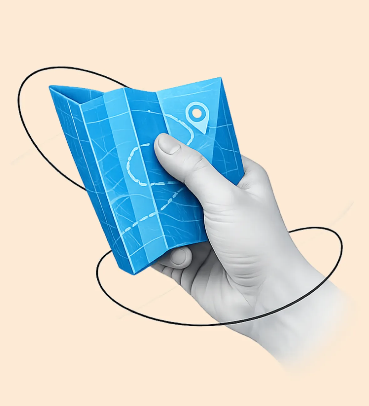 A hand holding a folded blue map with a location pin